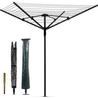 A black umbrella style rotary clothes drying rack for gardens.