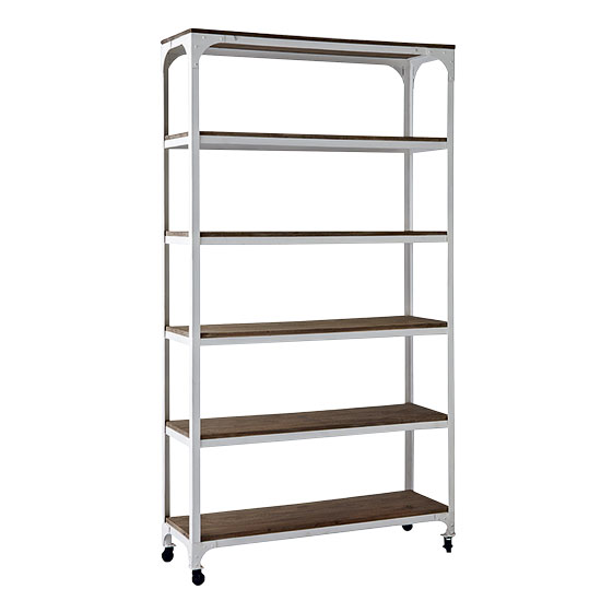 whitewashed wood and metal shelves