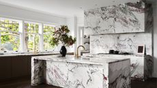 A kitchen designed completely in heavily veined marble