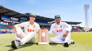 Australian Captain Pat Cummins and Bangladesh Captain Najm ul Shanto during a media opportunity ahead of the Test series between Australia and Bangladesh