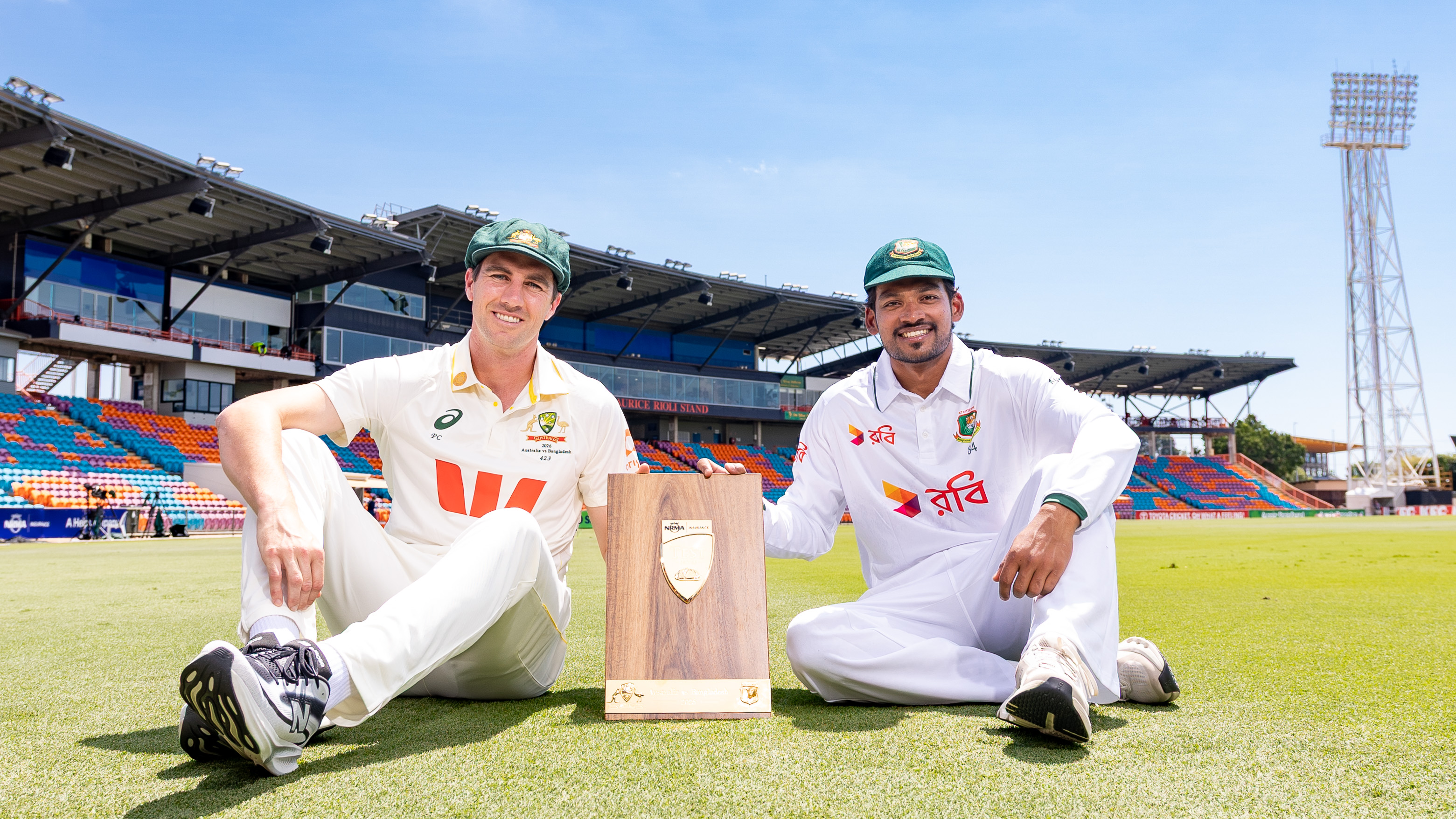 Australian Captain Pat Cummins and Bangladesh Captain Najm ul Shanto during a media opportunity ahead of the Test series between Australia and Bangladesh
