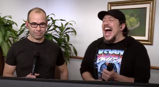 Murr and Sal laughing at monitor on Impractical Jokers
