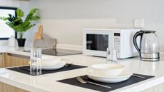 Place setting in kitchen during dinner with white microwave