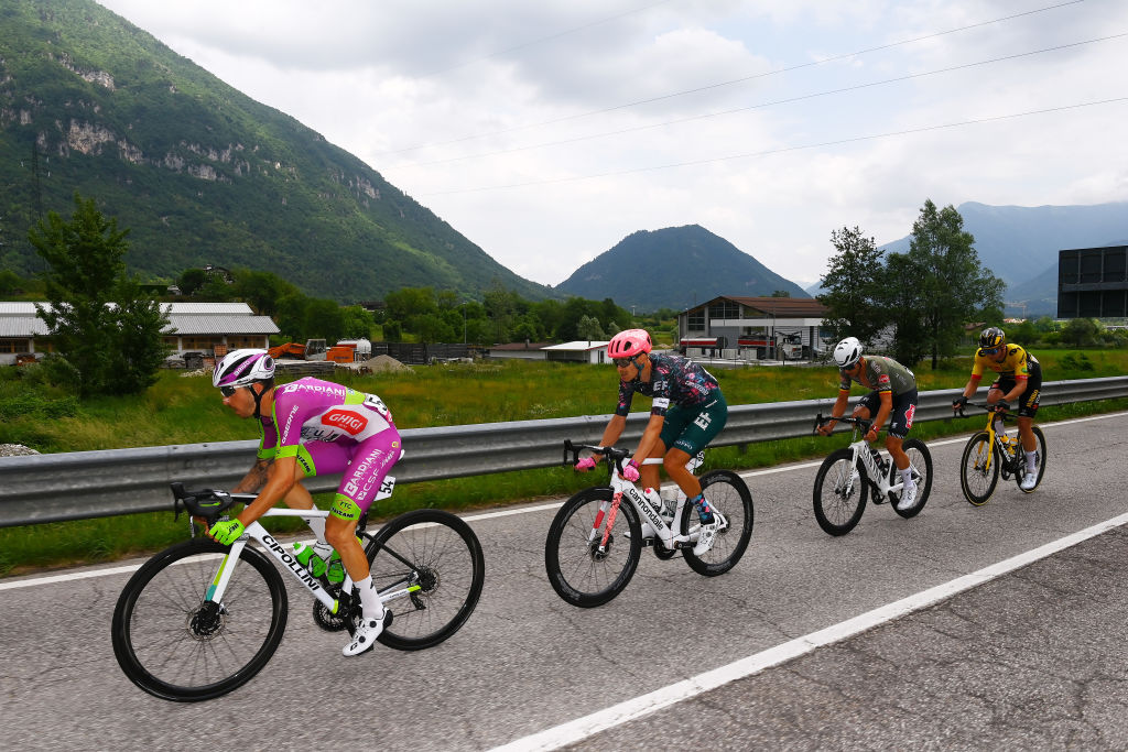 TREVISO ITALY MAY 26 LR Davide Gabburo of Italy and Team Bardiani CSF Faizane Magnus Cort Nielsen of Denmark and Team EF Education Easypost Dries De Bondt of Belgium and Team Alpecin Fenix and Edoardo Affini of Italy and Team Jumbo Visma compete in the breakaway during the 105th Giro dItalia 2022 Stage 18 a 156km stage from Borgo Valsugana to Treviso Giro WorldTour on May 26 2022 in Treviso Italy Photo by Tim de WaeleGetty Images