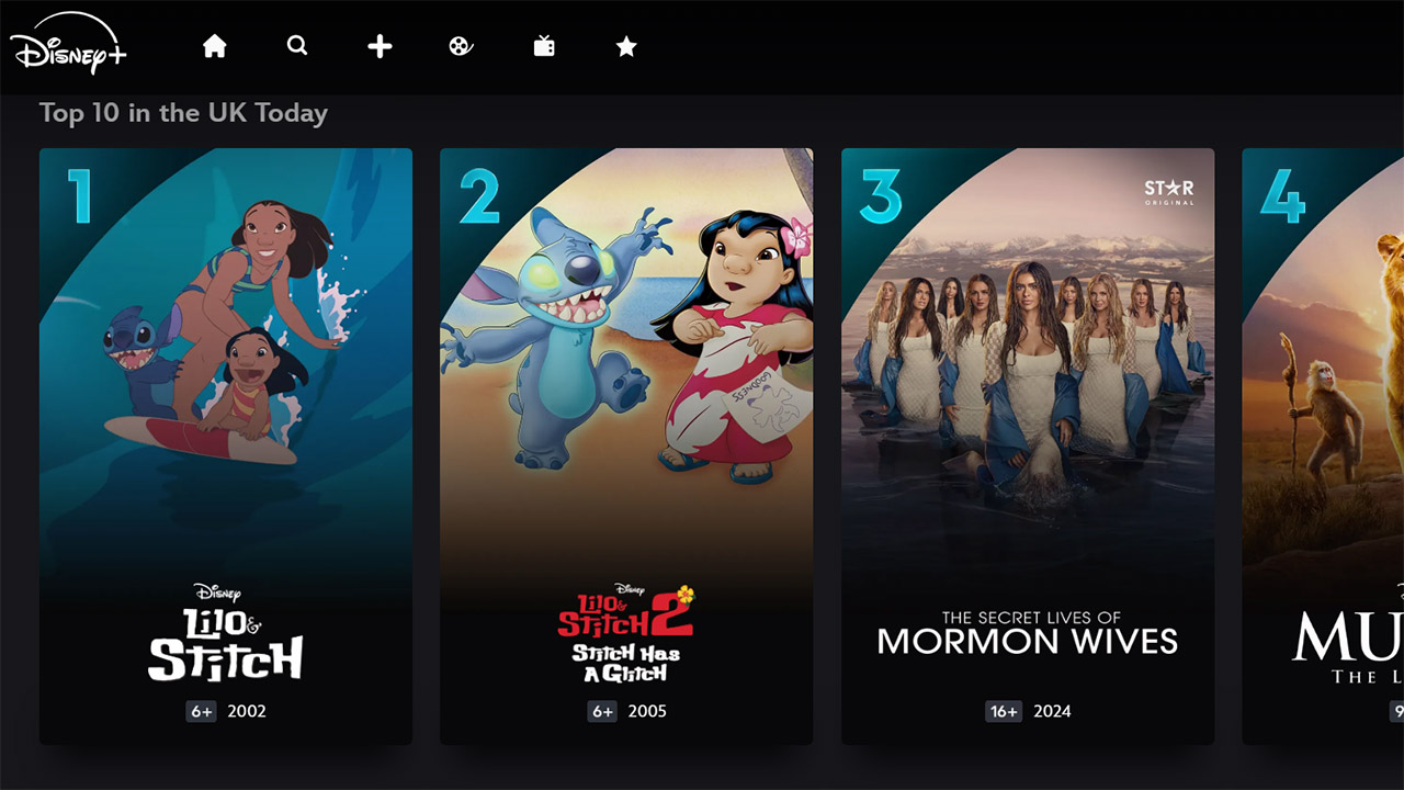 A screenshot of Disney+'s Top 10 Movies list, which shows Lilo and Stitch at number one