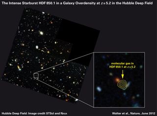 he Hubble Deep Field, with the position of the submillimeter galaxy HDF850.1 marked with contour lines. The lines represent the date of submillimeter observations of the galaxy; in visible light, it cannot be observed at all.