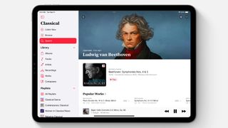 Apple Music Classical running on an iPad, showing the user interface of the app with library items like playlists and artists in the left-hand sidebar.
