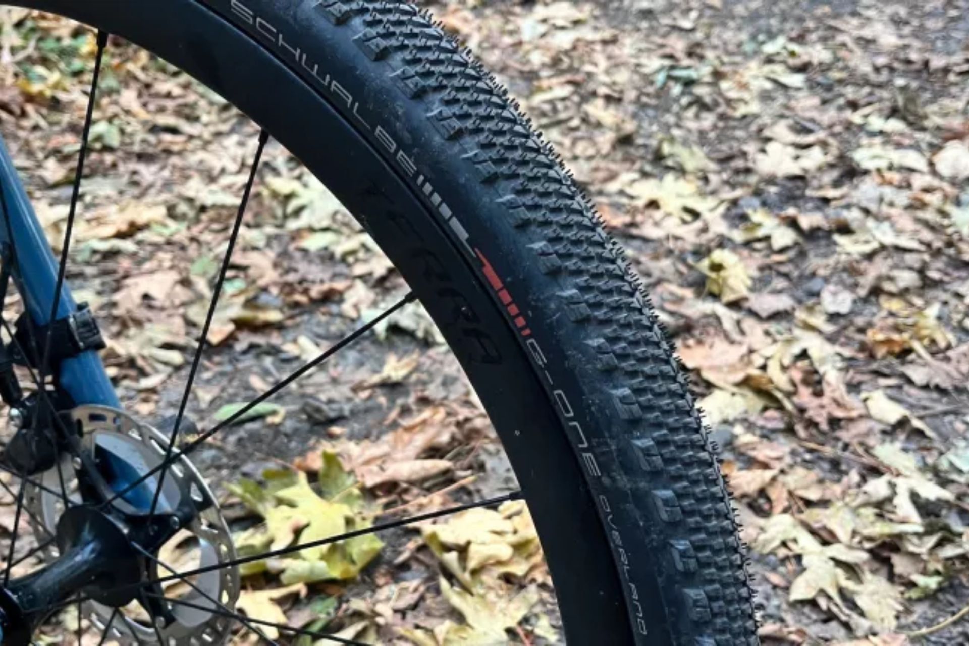 Schwalbe G-One Overland gravel tyre mounted on a rim