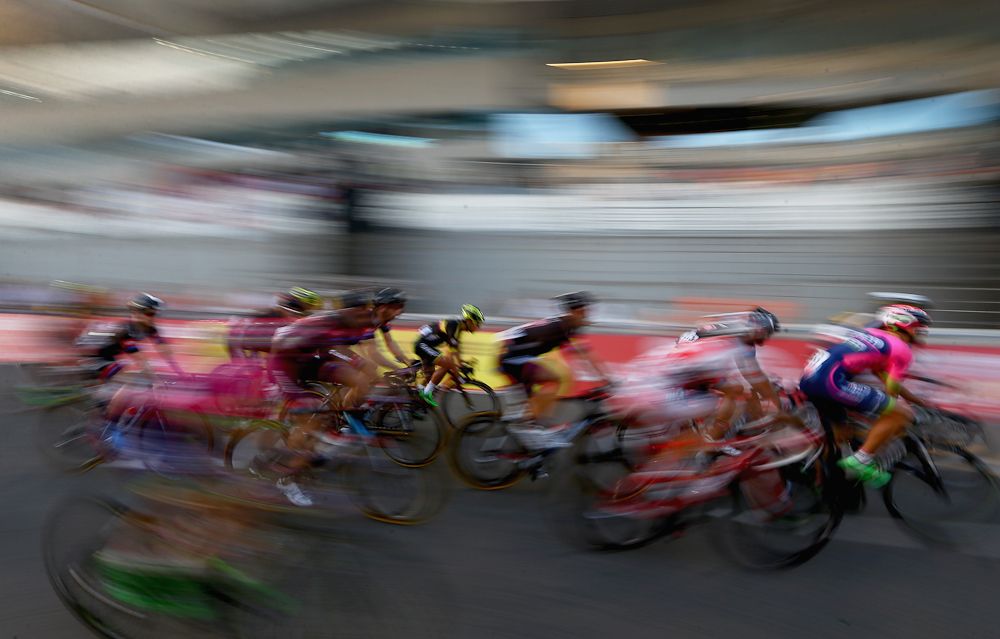 The peloton in action.