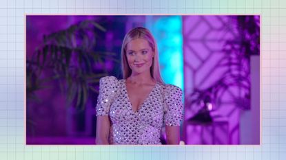 Laura Whitmore arriving on Love Island 2022 on a blue and purple background