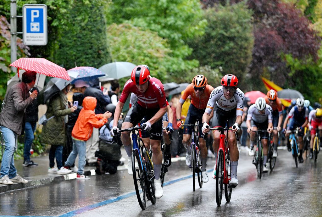 ZURICH SWITZERLAND SEPTEMBER 26 LR Albert Withen Philipsen of Team Denmark and Hector Alvarez of Team Spain compete in the breakaway during the 97th UCI Cycling World Championships Zurich 2024 Mens Junior Road Race a 1272km one day race from Uster to Zurich on September 26 2024 in Zurich Switzerland Photo by Dario BelingheriGetty Images