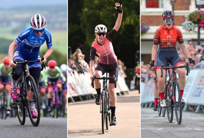 Collage of three female cyclists from Alba Road Team, Hutchinson-Brother and Pro Noctis