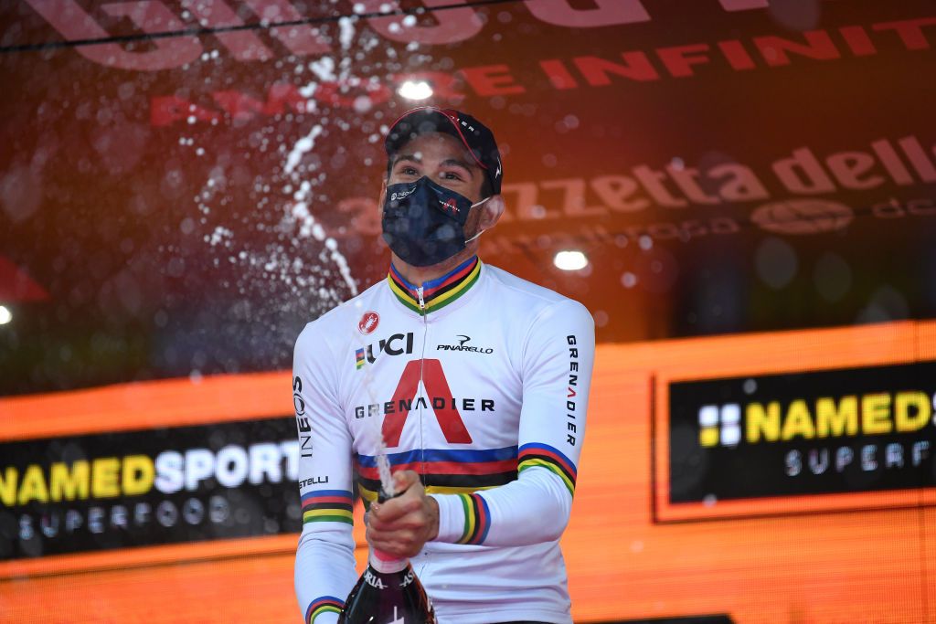 MILANO ITALY OCTOBER 25 Podium Filippo Ganna of Italy and Team INEOS Grenadiers Celebration Champagne during the 103rd Giro dItalia 2020 Stage 21 a 157km Individual time trial from Cernusco sul Naviglio to Milano ITT girodiitalia Giro on October 25 2020 in Milano Italy Photo by Tim de WaeleGetty Images
