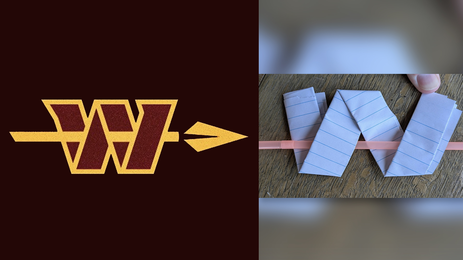 New Washington Commanders logo next to a homemade version made of paper