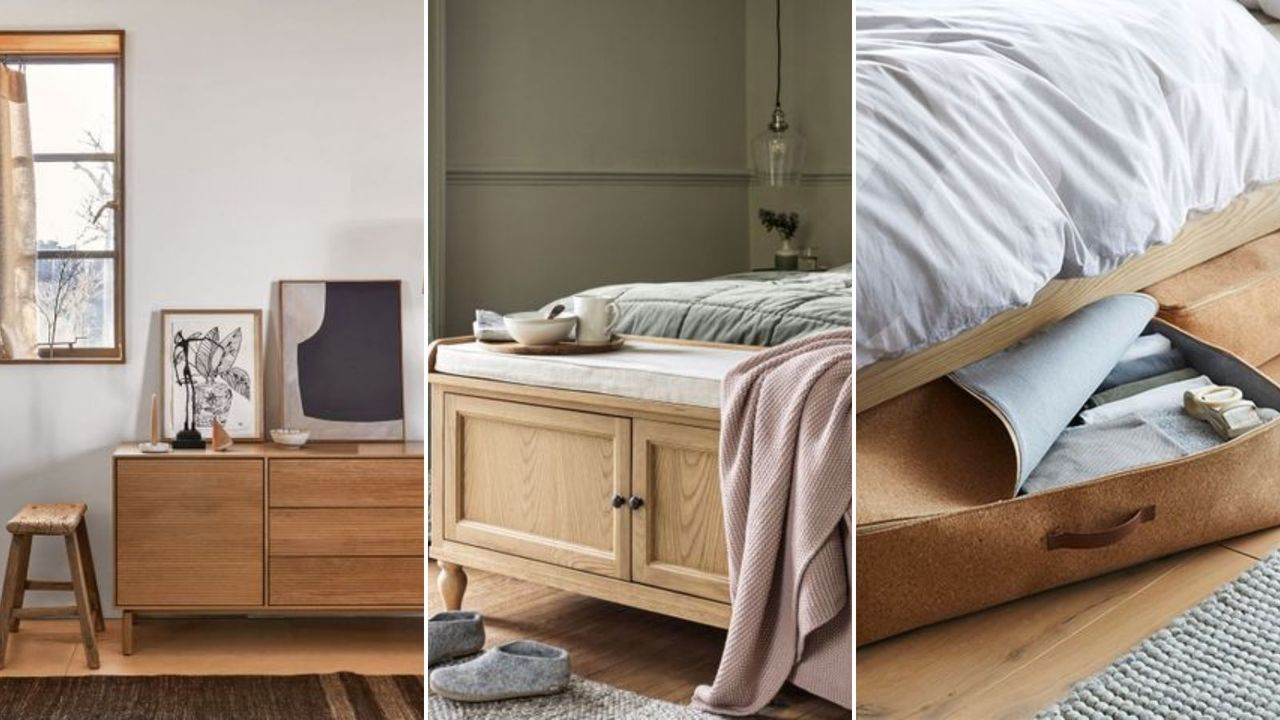 wood sideboard with slatted front and white sculptural table lamp and monochrome artworks / Underbed storage ideas with cork underbed bags / A storage bench with cabinet doors and a cushion top at the end of a bed