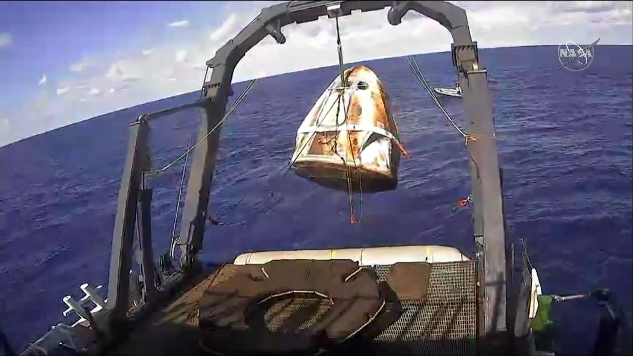 Another look at Crew Dragon as a "toasted marshmallow" as it's retrieved by SpaceX's GO Searcher recovery ship.