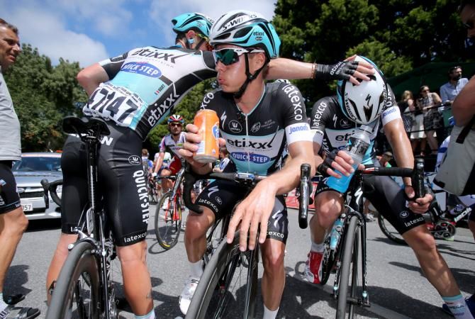 Maxime Bouet, Gianni Meersman and David de la Crux (Etixx-Quick Step) post-stage