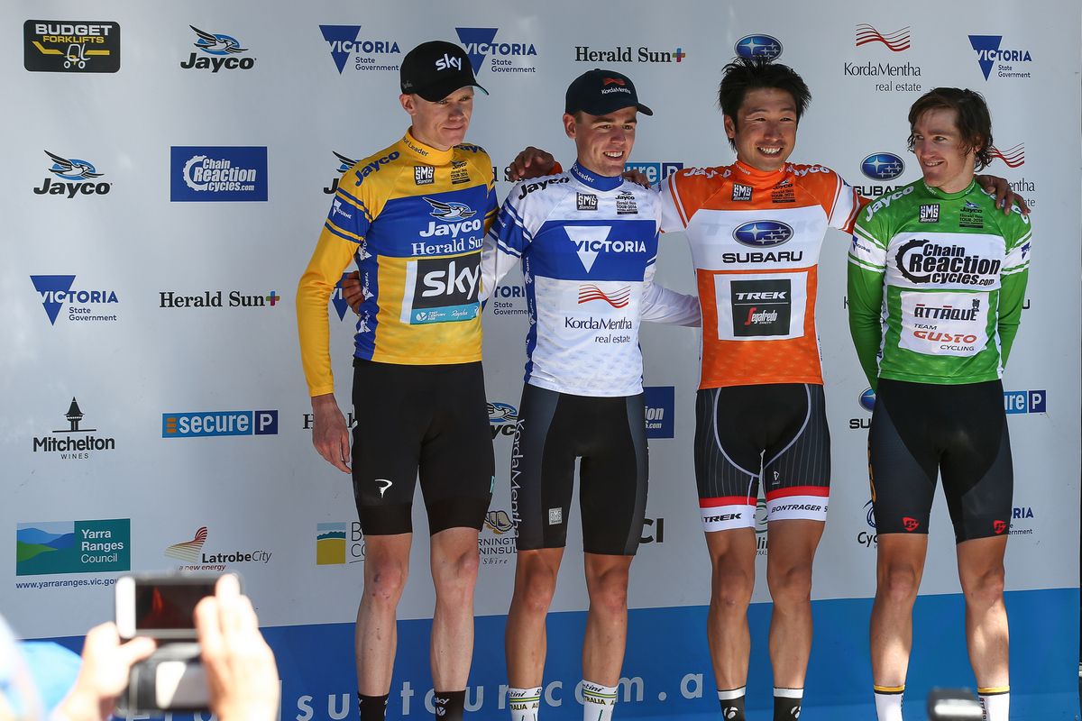 Chris Froome, Chris Hamilton, Fumiyuki Beppu and Ben Hill in their respective jerseys
