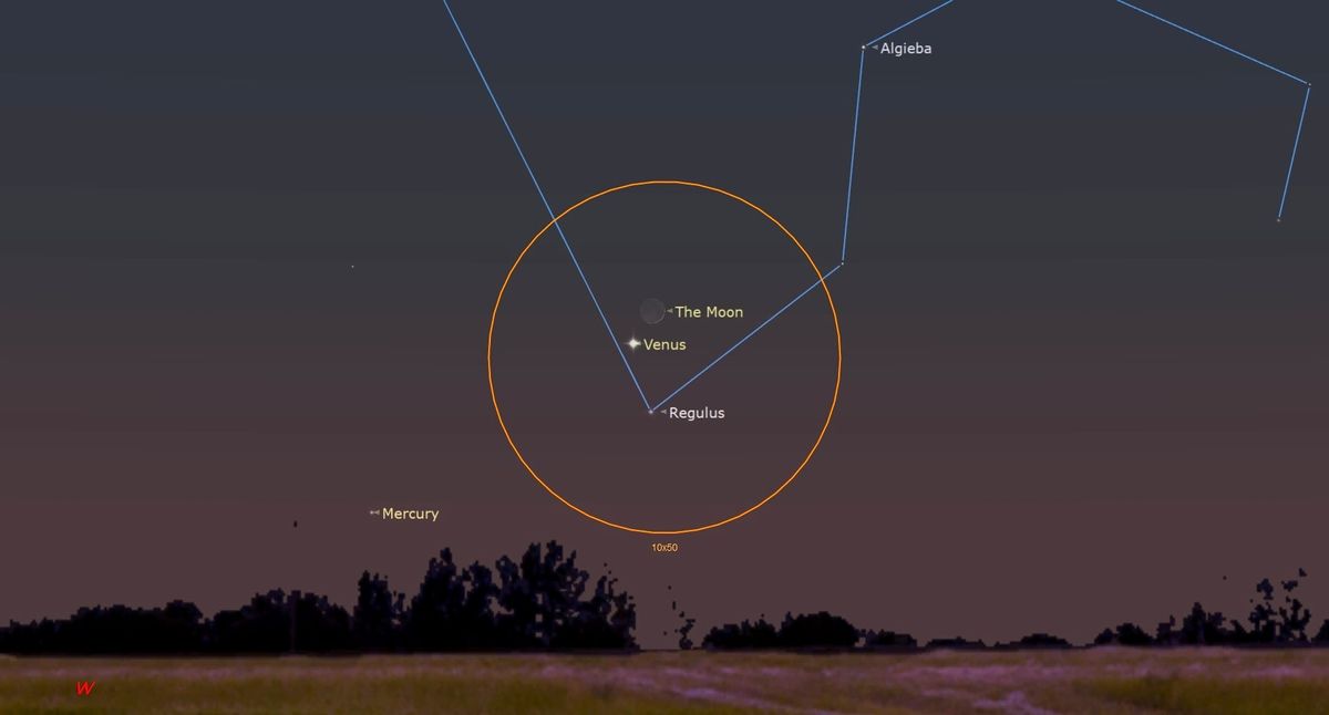 The ouline of a large orange circle hangs in a hazy blue pink sky above a low, grassy horizon. In the circle, a faint orb is labeled The Moon, and a bright point labeled Venus. Blue lines trace faint stars to show a constellation, crossing in and out of the circle at the top left and right, respectively.