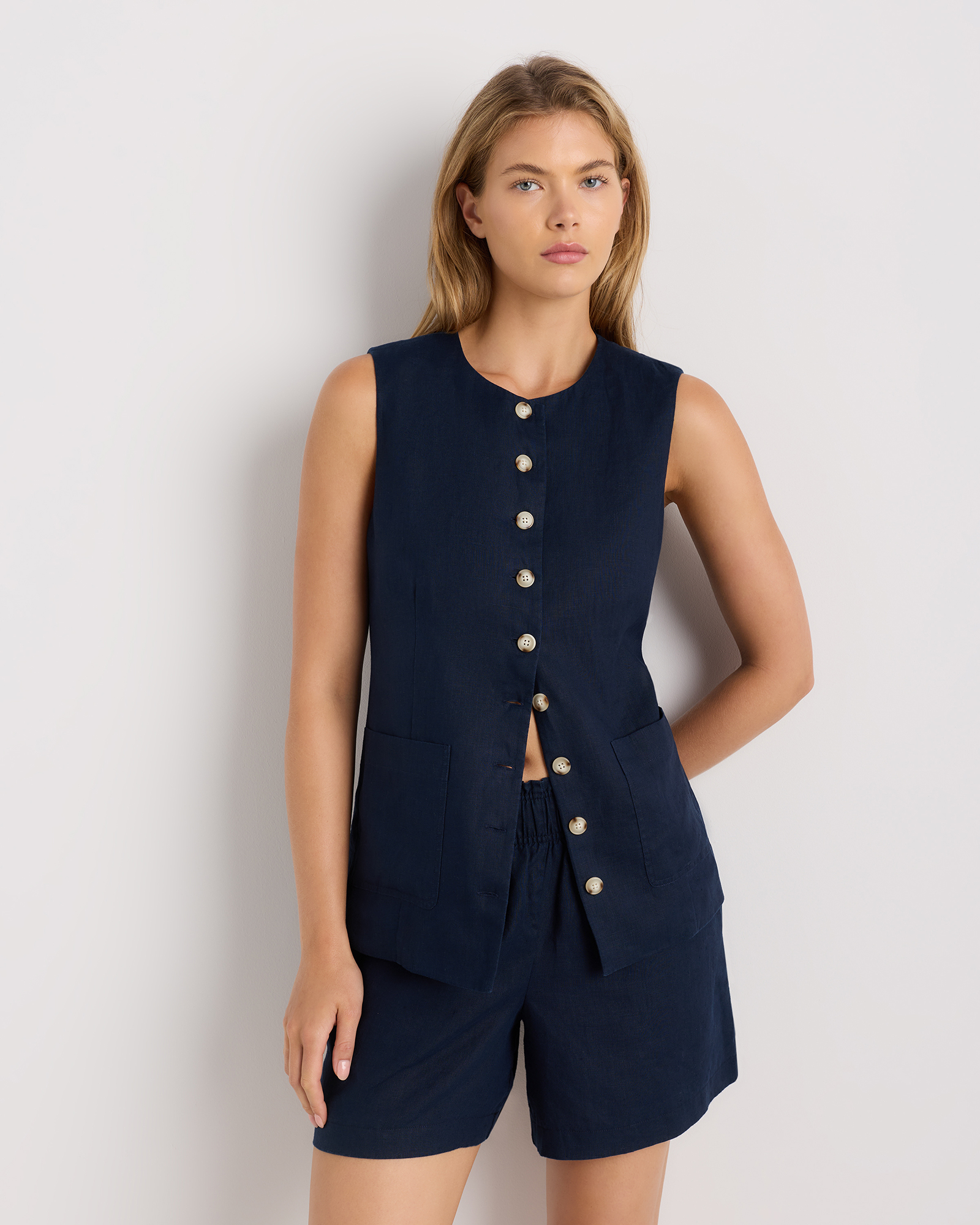 100% European Linen Longline Vest in Deep Navy