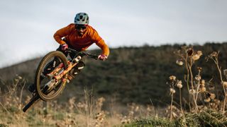 A trail mountain biker whips the bike over a jump