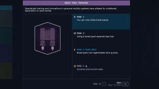 Starfield — A screenshot showing the different ranks and benefits of the Boost Pack Training skill.