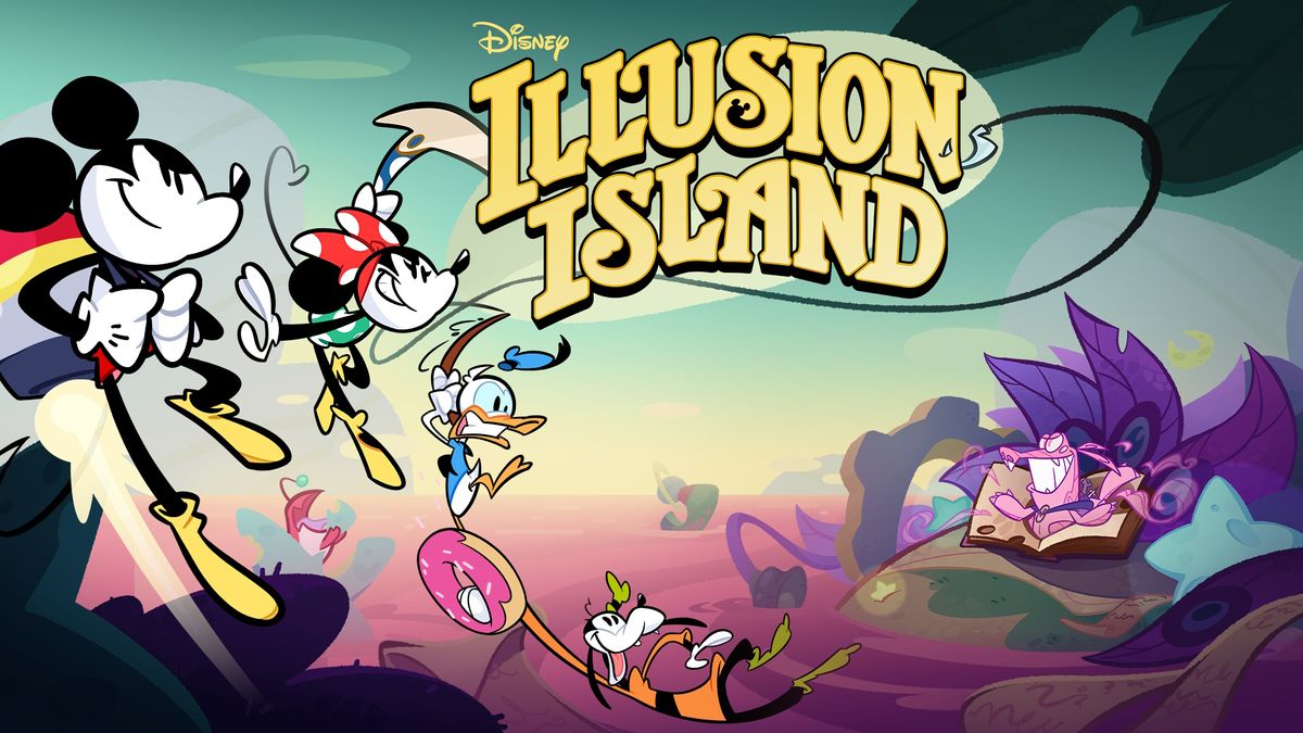 Disney Illusion Island key art featuring Mickey, Minnie, Goofy, and Donald with the logo in animated cartoon style