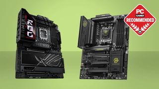 MSI MAG X870 Tomahawk WiFi and Asus ROG Maximum Z790 Hero gaming motherboards on a green background with a PC Gamer Recommended label