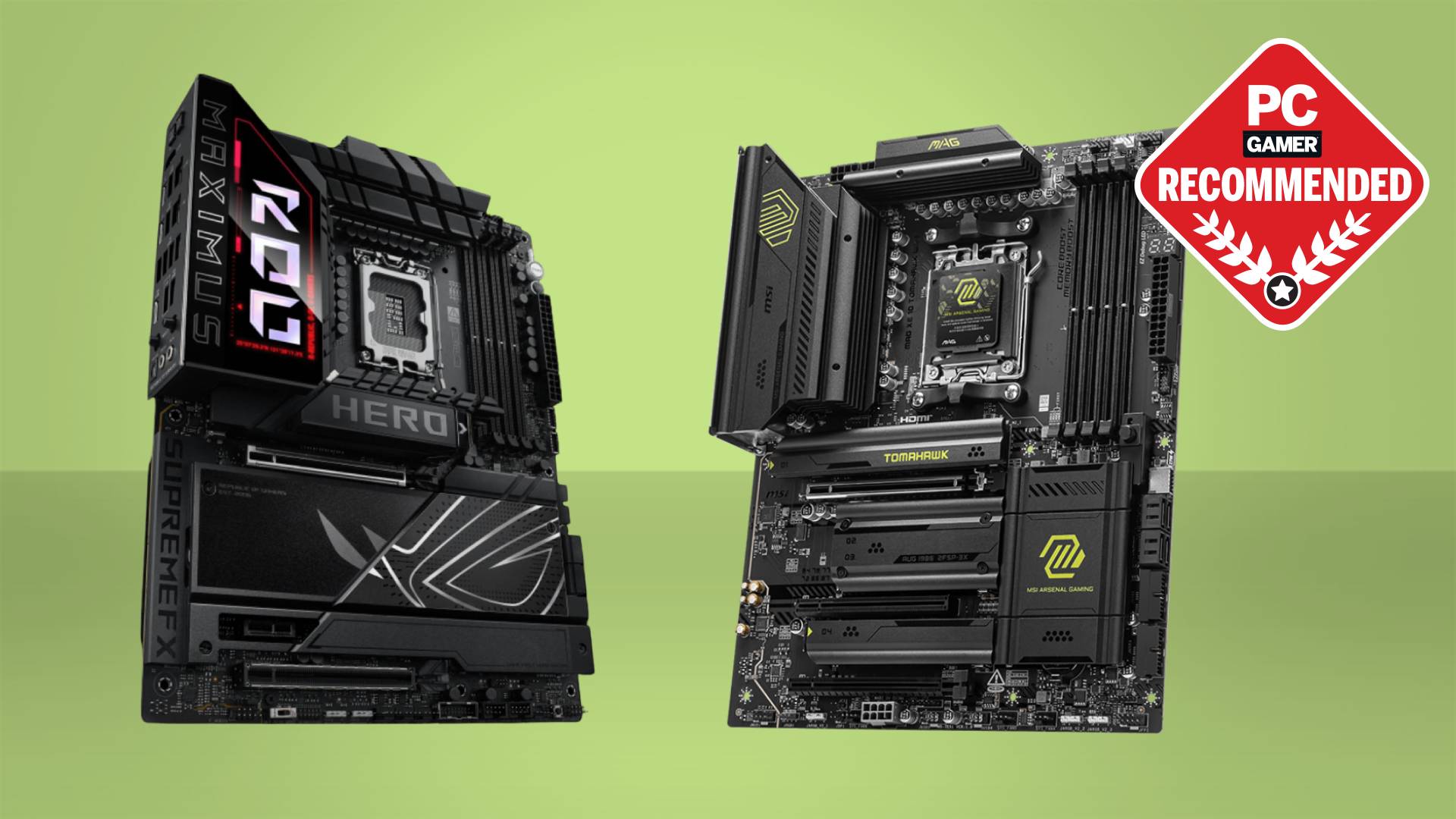 MSI MAG X870 Tomahawk WiFi and Asus ROG Maximum Z790 Hero gaming motherboards on a green background with a PC Gamer Recommended label