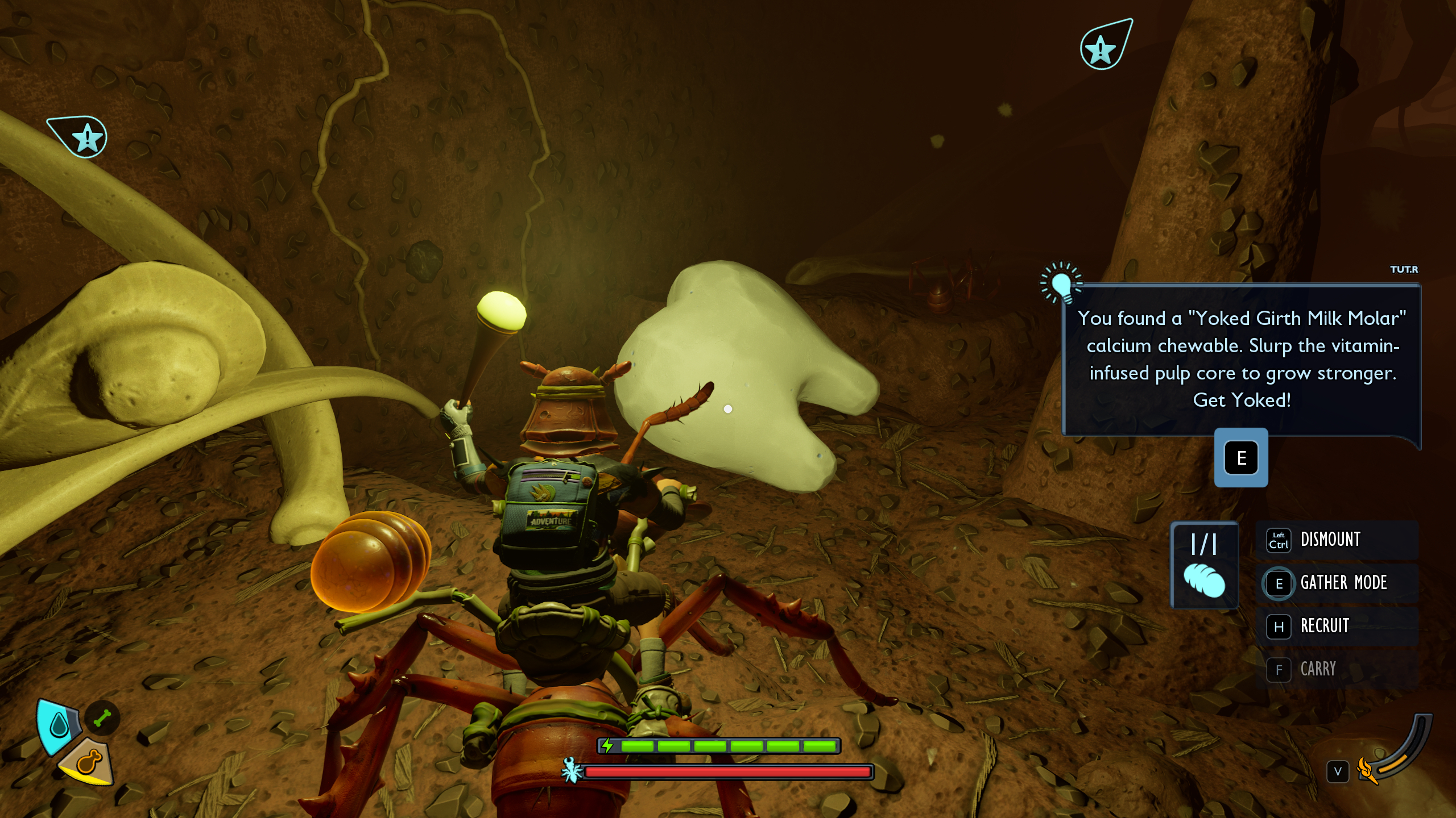 Grounded 2 Milk Molar locations: A character riding an ant and holding a torch looking at a Molar in a dirt cave.