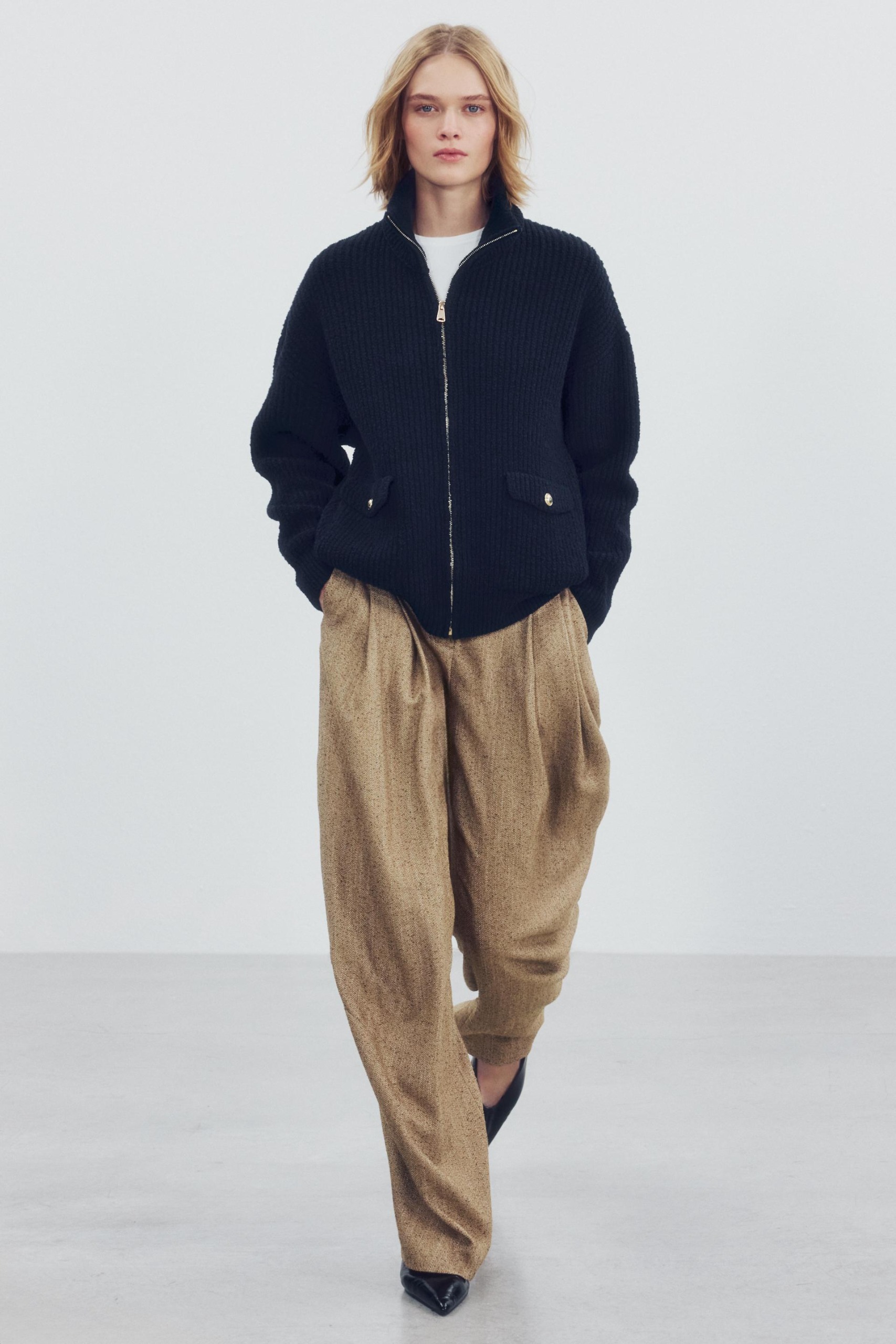 Long Knit Jacket - Navy Blue - S