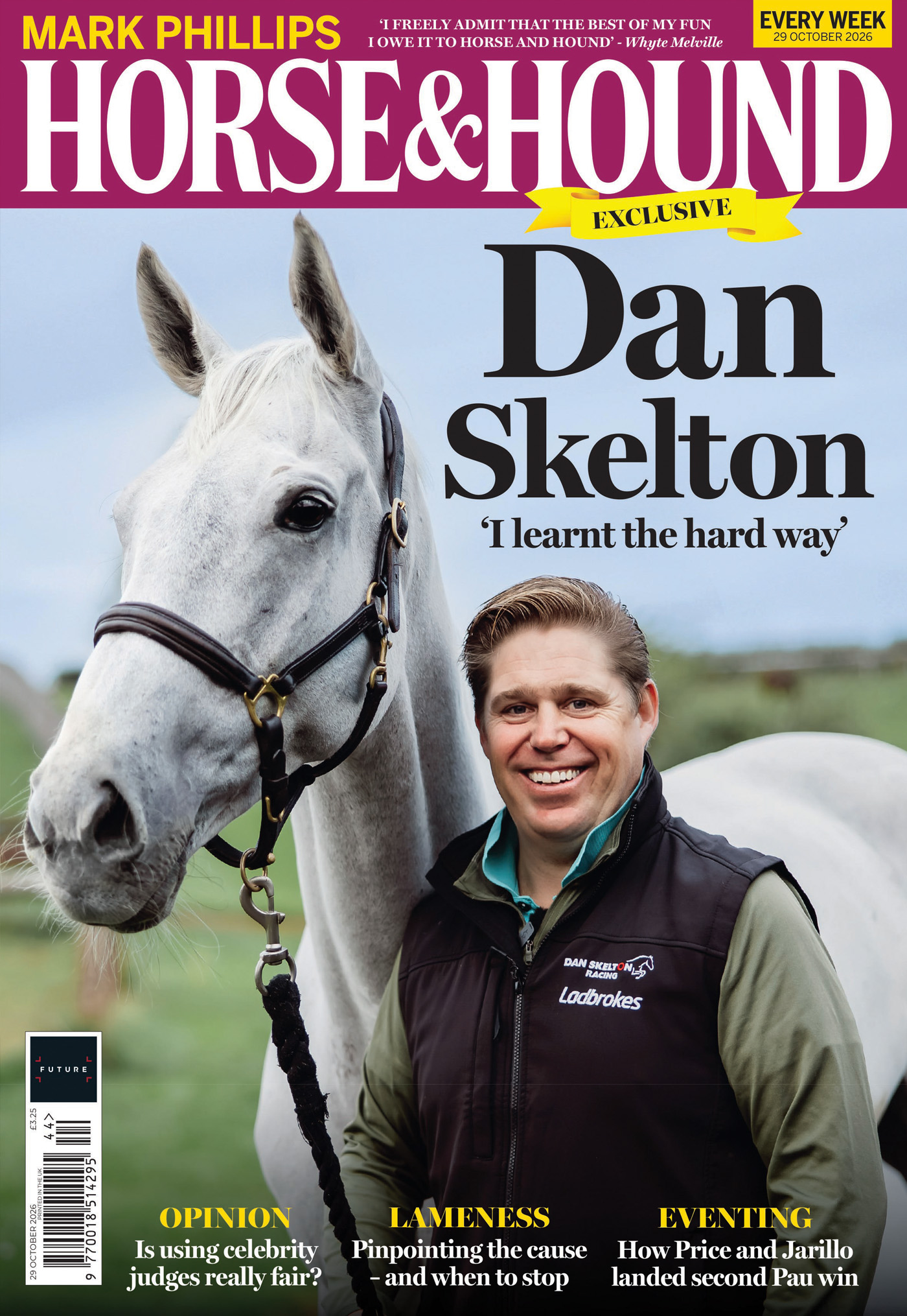 Dan Skelton stands with a grey thoroughbred on the front cover of Horse &amp; Hound magazine, 29 October 2026 issue