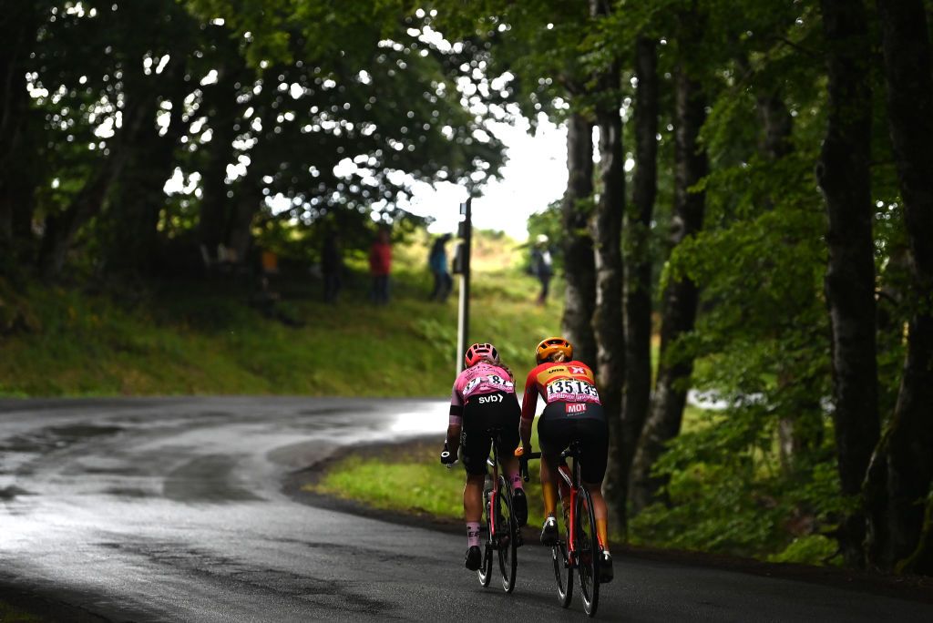 MAURIAC FRANCE JULY 24 LR Georgia Williams of New Zealand and Team EF EducationTIBCOSVB and Hannah Ludwig of Germany and Team UnoX Pro Cycling Team compete in the breakaway during the 2nd Tour de France Femmes 2023 Stage 2 a 1517km stage from ClermontFerrand to Mauriac UCIWWT on July 24 2023 in Mauriac France Photo by Tim de WaeleGetty Images