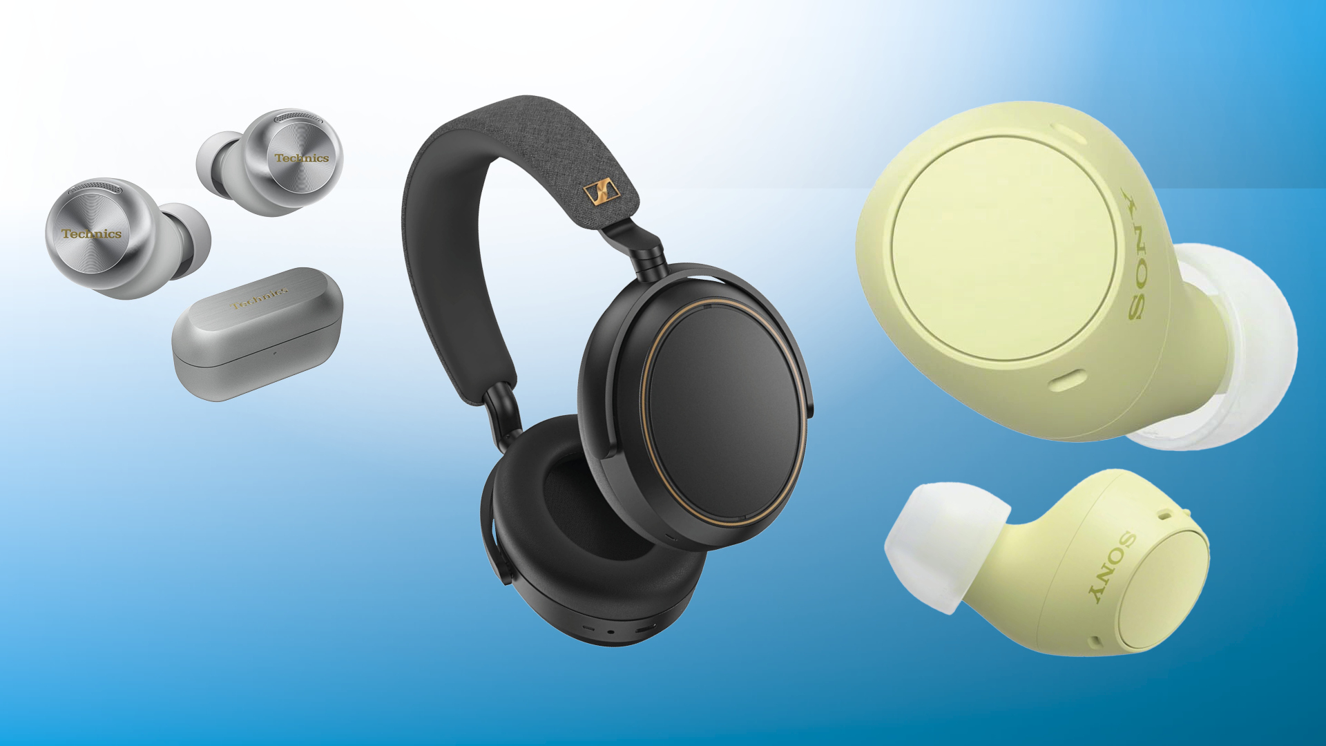 The Technics EAH-AZ100, Sennheiser Momentum 4 and Sony WF-C510 with a blue background