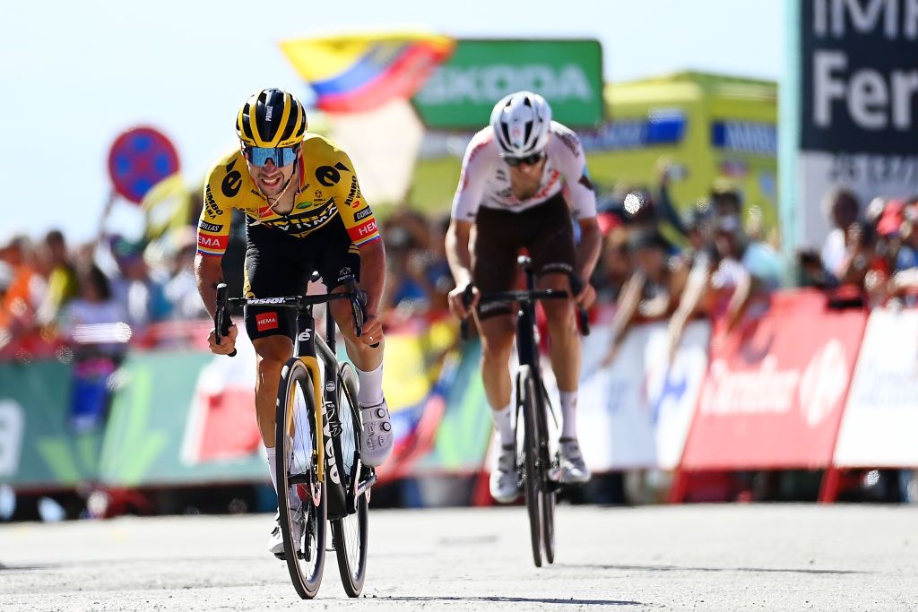 SIERRA NEVADAGRANADA SPAIN SEPTEMBER 04 Primoz Roglic of Slovenia and Team Jumbo Visma crosses the finishing line during the 77th Tour of Spain 2022 Stage 15 a 1526km stage from Martos to Sierra Nevada Granada 2507m LaVuelta22 WorldTour on September 04 2022 in Sierra Nevada Spain Photo by Tim de WaeleGetty Images
