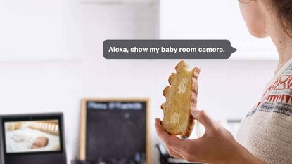 TP-Link Tapo Mini Smart Security Camera: woman eating toast checking on baby cam