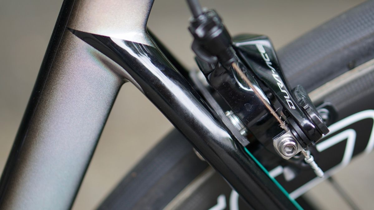 The Tarmac rear forgoes a traditional brake bridge for a carbon stabilizer