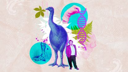 Illustration depicting filmmaker Peter Jackson standing next to an extinct New Zealand bird 