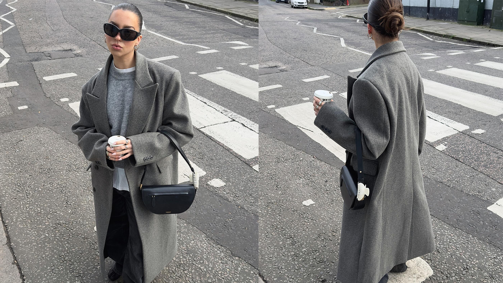hetty wears gray wool coat, gray sweater, and black pants, and a black handbag while holding a to-to coffee cup near a crosswalk.
