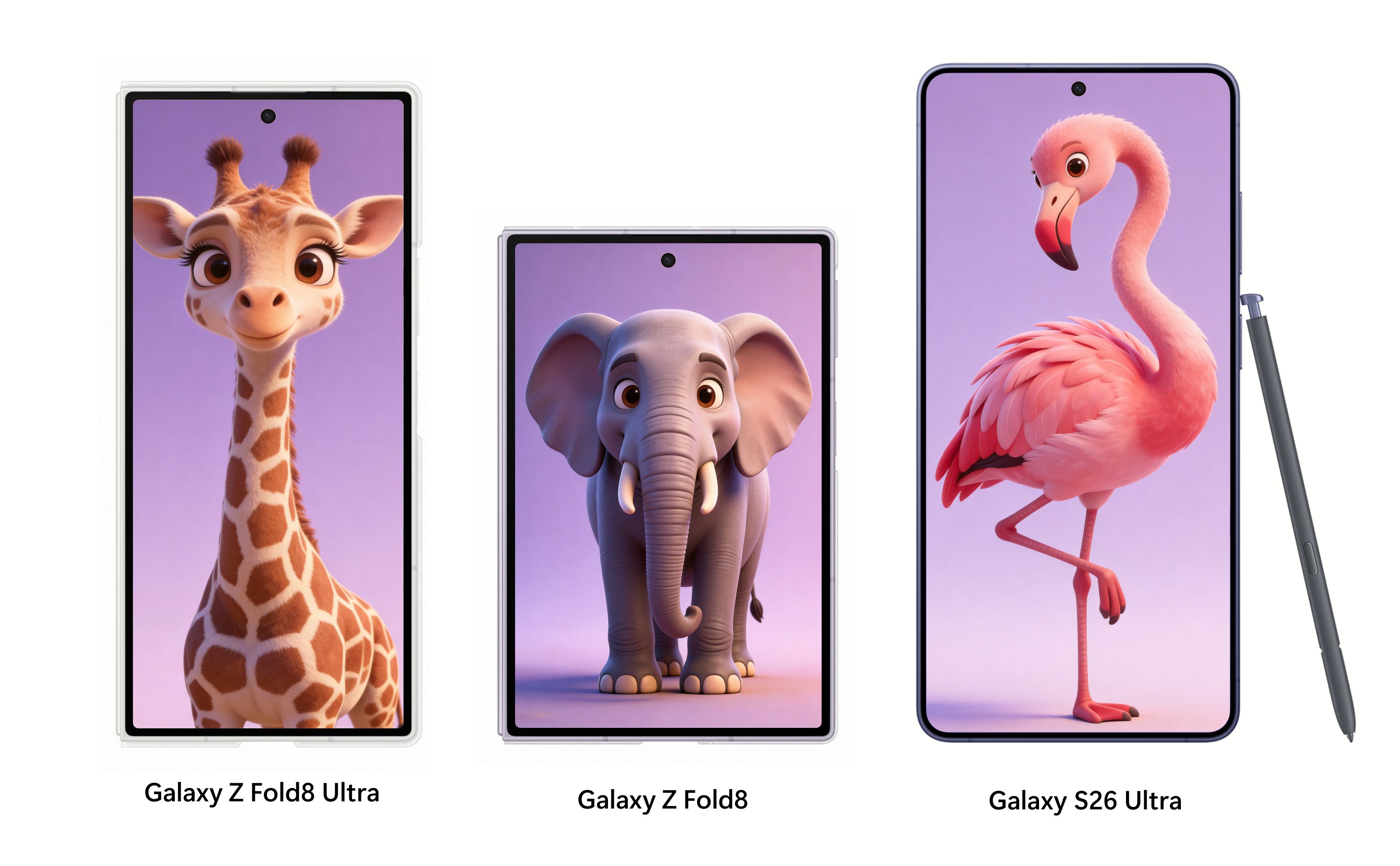 Product presentation comparing the dimensions of Galaxy Z Fold 8 Ultra, Galaxy Z Fold 8 and Samsung Galaxy S26 Ultra.
