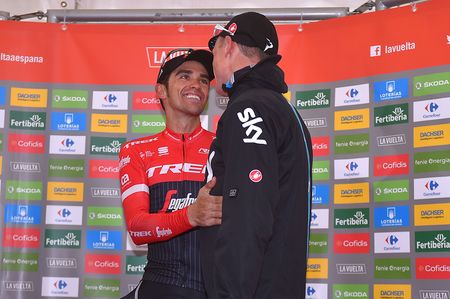 Chris Froome congratulates Alberto Contador on his stage win