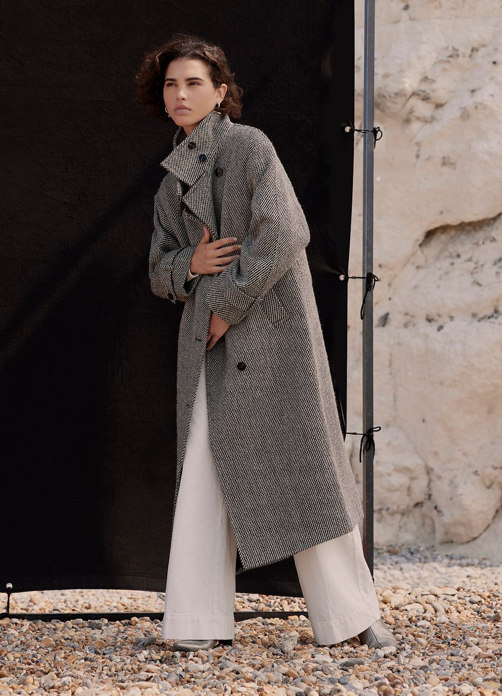 Black Textured Funnel Neck Coat