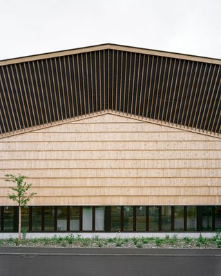 A repetitive pattern of slatted timber boarding