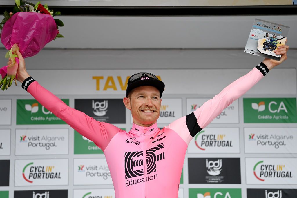 TAVIRA PORTUGAL FEBRUARY 17 Magnus Cort Nielsen of Denmark and Team EF Education Easypost celebrates at podium as stage winner during the 49th Volta ao Algarve em Bicicleta 2023 Stage 3 a 2031km stage from Faro to Tavira VAlgarve2023 on February 17 2023 in Taviria Portugal Photo by Tim de WaeleGetty Images