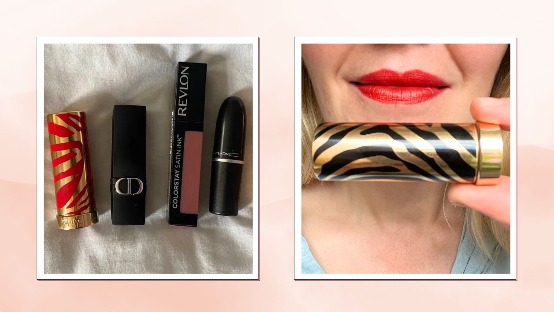 A pink frame with an image of four lipsticks on a beige linen backdrop, beside an image of beauty editor fiona mckim&#039;s lips wearing phyto rouge sisley lipstick