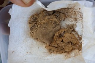 The remains of cloth that archaeologists believe was once wrapped around a scroll were found in the Qumran cave.