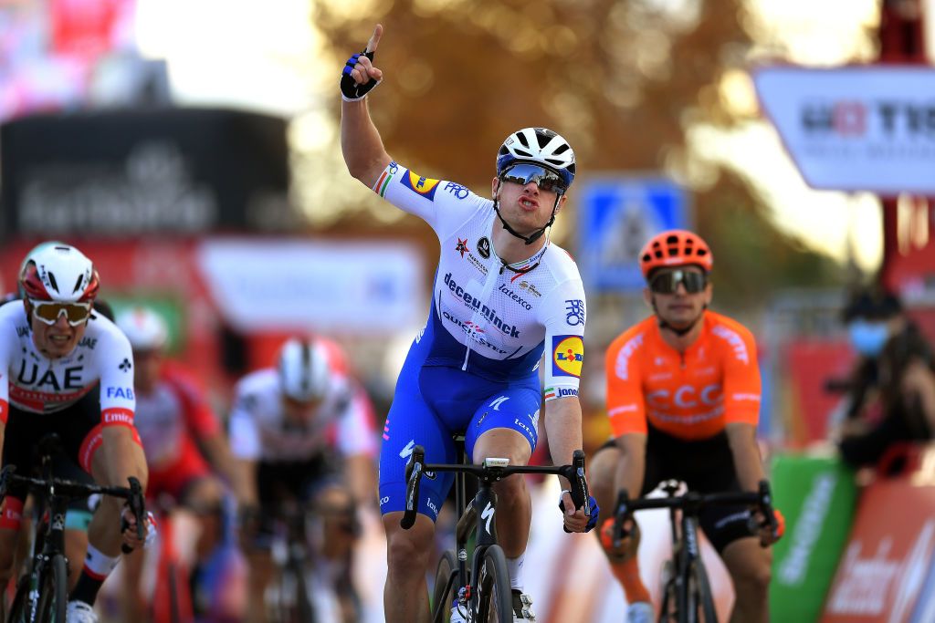 EJEADELOSCABALLEROS SPAIN OCTOBER 23 Arrival Sam Bennett of Ireland and Team Deceuninck QuickStep Celebration Jasper Philipsen of Belgium and UAE Team Emirates Jakub Mareczko of Italy and CCC Team during the 75th Tour of Spain 2020 Stage 4 a 1917km stage from Garray Numancia to Ejea de los Caballeros lavuelta LaVuelta20 La Vuelta on October 23 2020 in Ejea de los Caballeros Spain Photo by Justin SetterfieldGetty Images