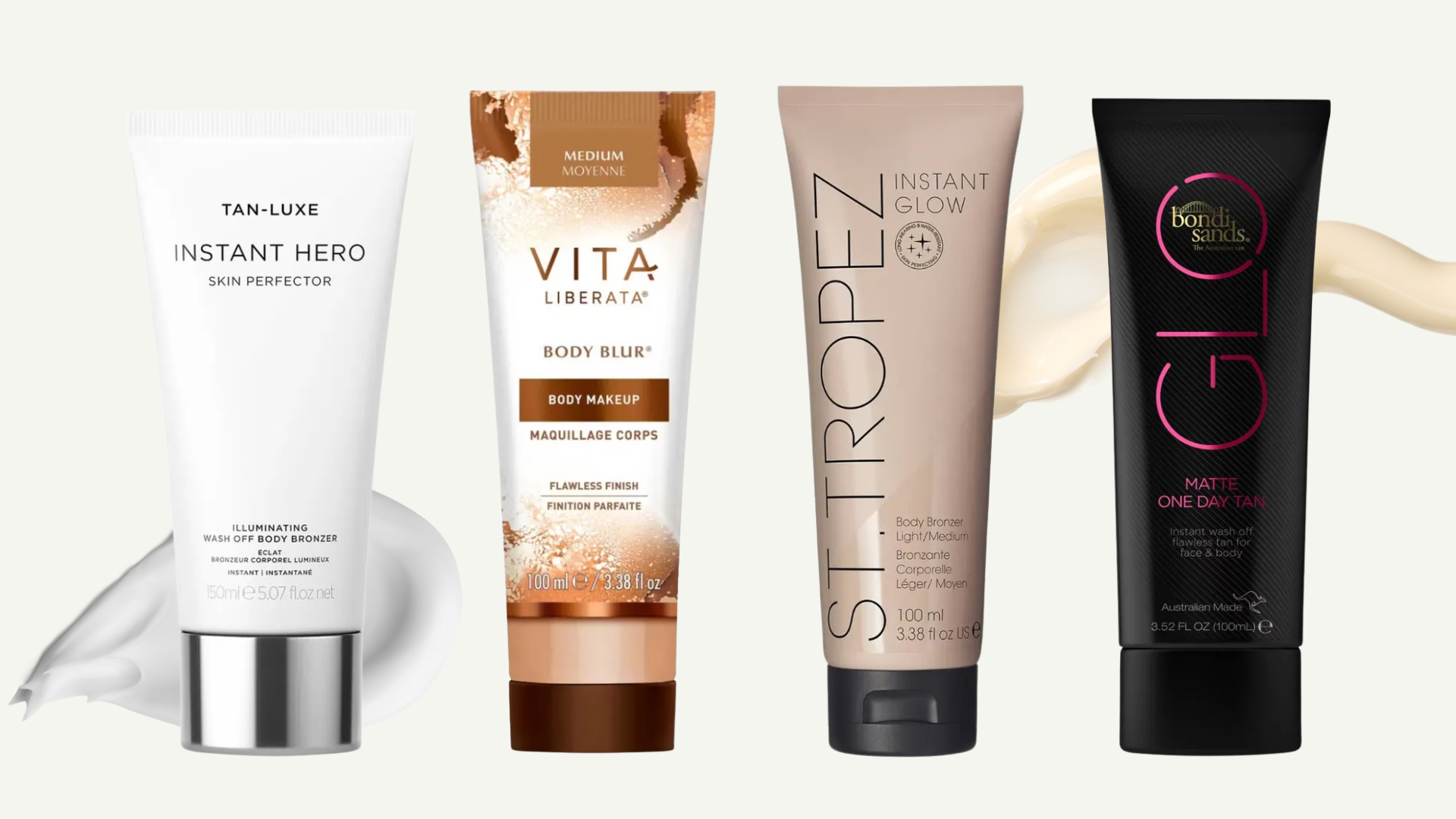 Four of the best instant tans featured in this guide from (left to right) Tan-Luxe, Vita Liberata, St Tropez and Bondi Sands, set in front of two product swatches against an off-white background