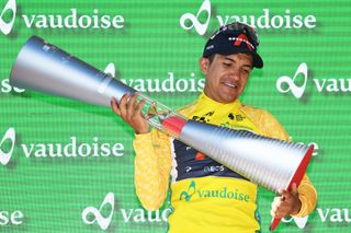 ANDERMATT SWITZERLAND JUNE 13 Richard Carapaz of Ecuador and Team INEOS Grenadiers yellow leader jersey celebrates at podium during the 84th Tour de Suisse 2021 Stage 8 a 1595km stage from Andermatt to Andermatt Trophy UCIworldtour tds tourdesuisse on June 13 2021 in Andermatt Switzerland Photo by Tim de WaeleGetty Images