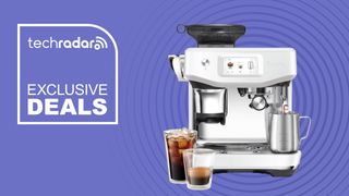 Breville Barista Touch Impress espresso machine in Sea Salt, on a purple background with "Exclusive Deals" text.